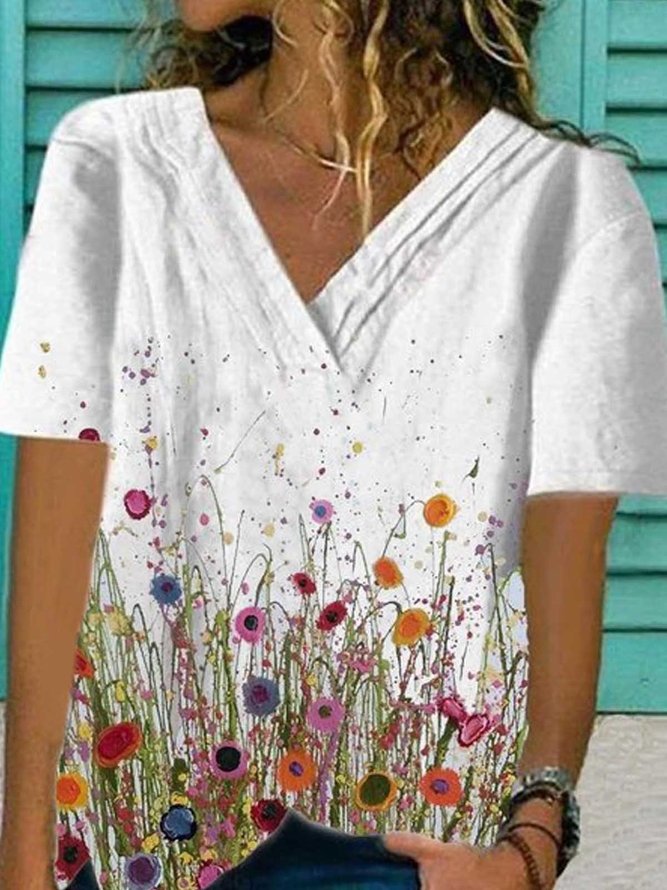 White V Neck Printed Casual Top