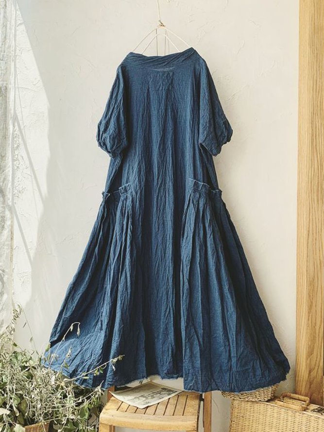 Blue Pockets Casual Linen Maxi Weaving Dress