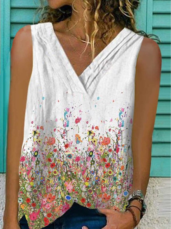 White Casual Floral-Print Floral V Neck Top