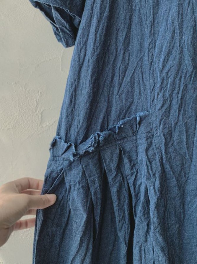 Blue Pockets Casual Linen Maxi Weaving Dress