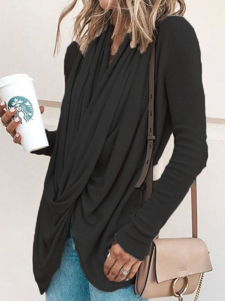 Spring/Fall Cowl Neck Asymmetrical Pleated Solid Blouse
