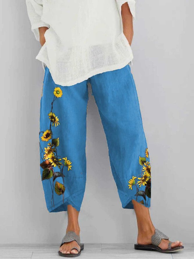 Floral-Print Casual Linen Pants | roselinlin