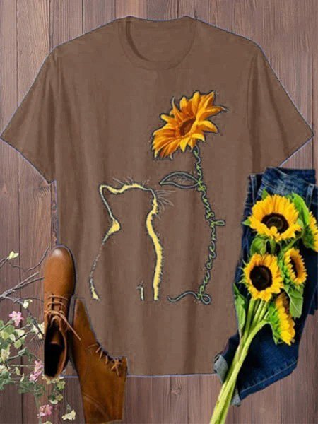 Vintage Cat And Sunflower Printed Short Sleeve Casual Top