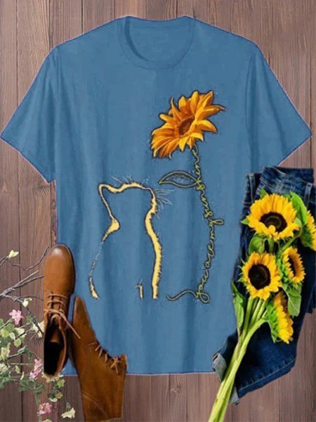 Vintage Cat And Sunflower Printed Short Sleeve Casual Top