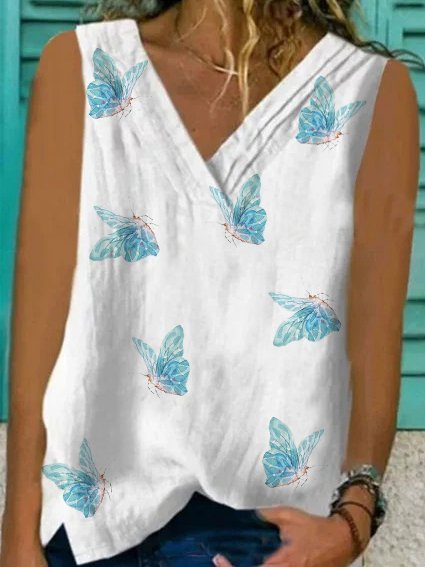 Sleeveless V Neck Cotton-Blend Tank Top