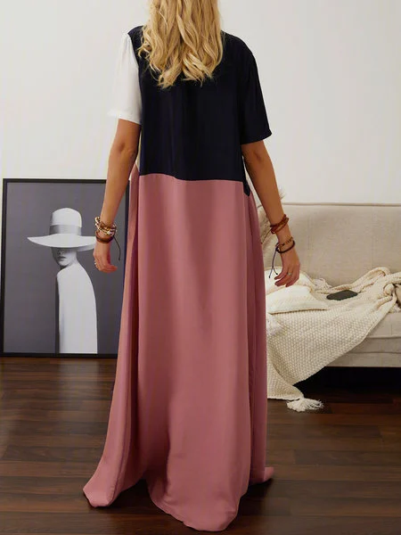 Women Paneled Cotton-Blend Short Sleeve Crew Neck Maxi Dress