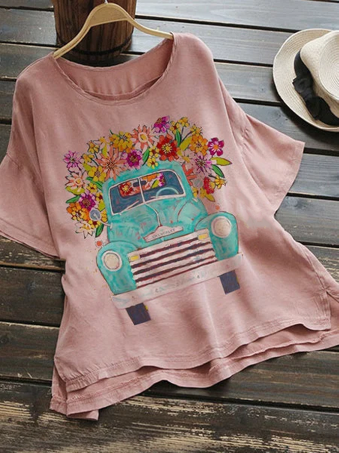 Pink Cotton-Blend Short Sleeve Top