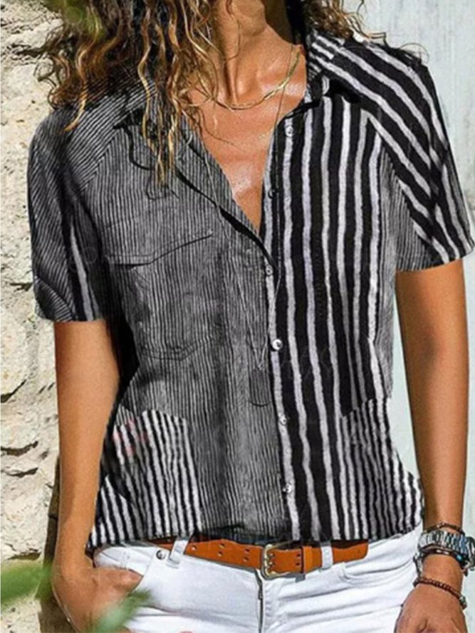 Summer Striped Pockets Blouse Casual Short Sleeve Top