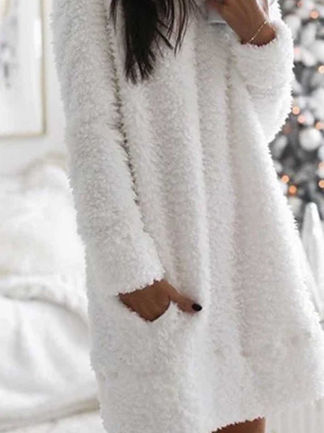 White Round Neck Cotton-Blend Casual Plush Winter Dress
