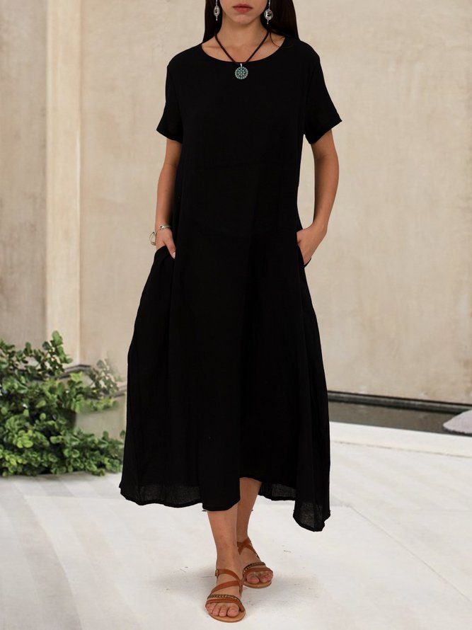 Black Pockets Short Sleeve Solid Simple Midi Dress roselinlin