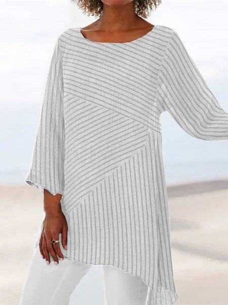 Women Casual Striped Asymmetrical Hem Crew Neck Linen Tunic Top