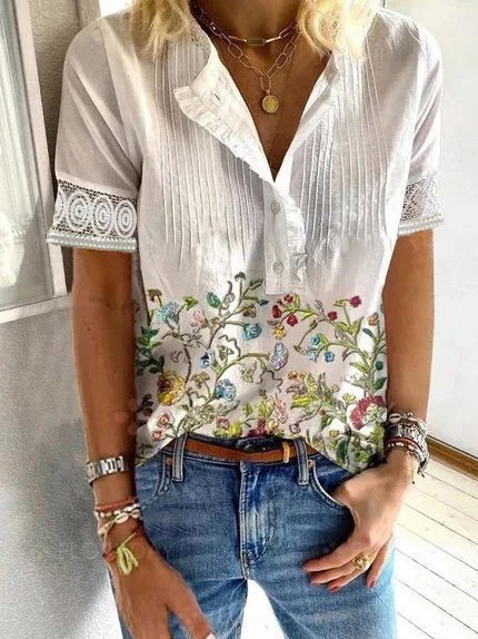 Vintage V Neck Short Sleeve Floral Shirt