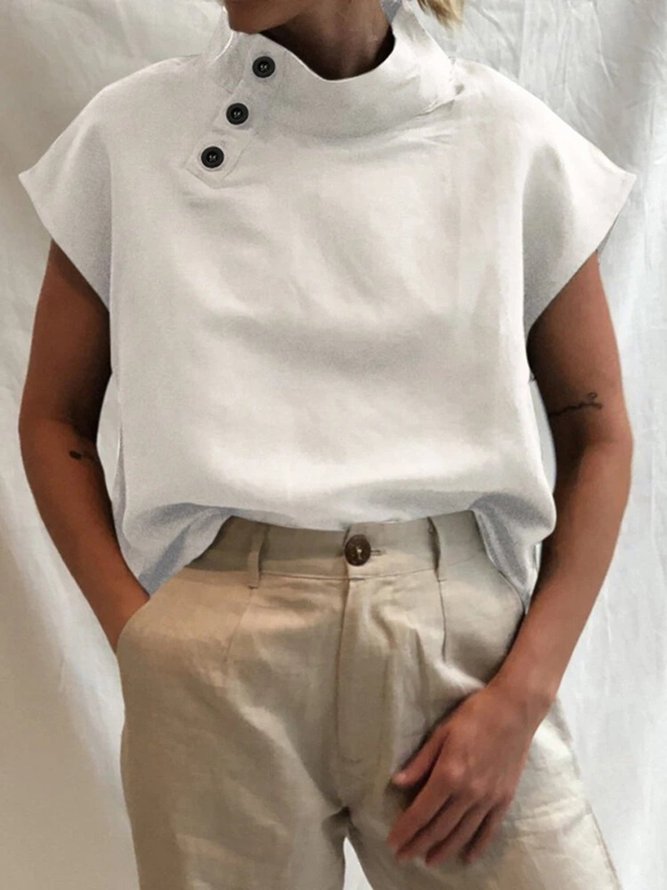 Women Casual Half Open Collar Button Loose Short Sleeve Cotton Linen T-Shirt