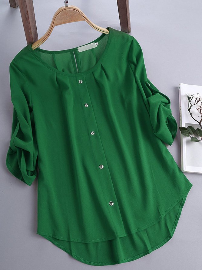3/4 Sleeve Solid Casual Crew Neck Women Blouse