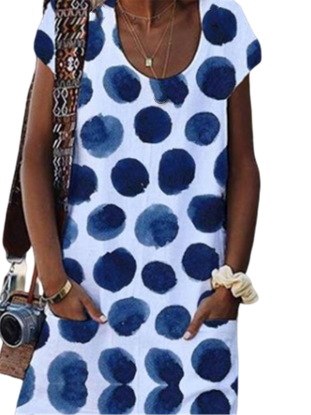 Women Polka Dot Printed U Neck Short Sleeve Dress with Pockets