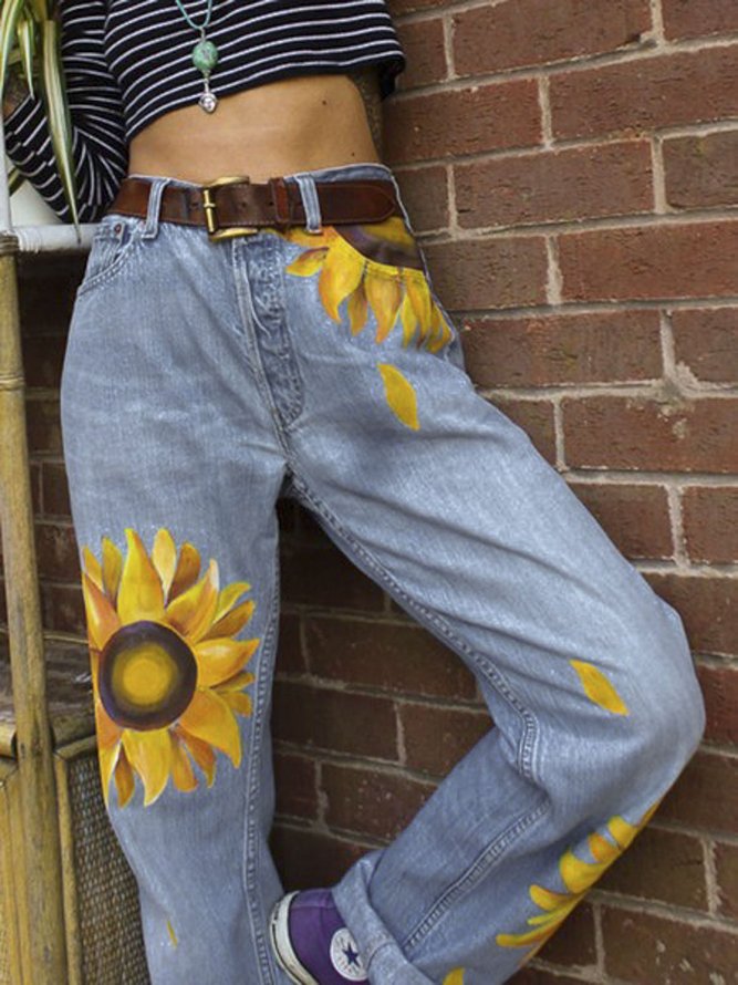 Sunflower Print Women Denim Jeans Jeans