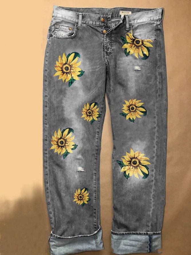 Women Casual Denim Floral Printed Jeans