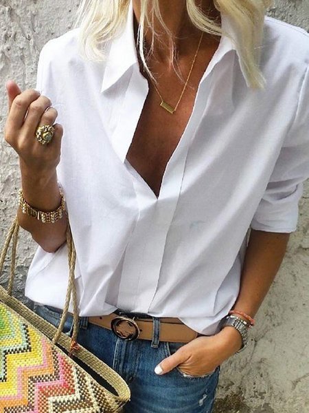 Women Long Sleeve Shirt Collar Solid Casual Blouse