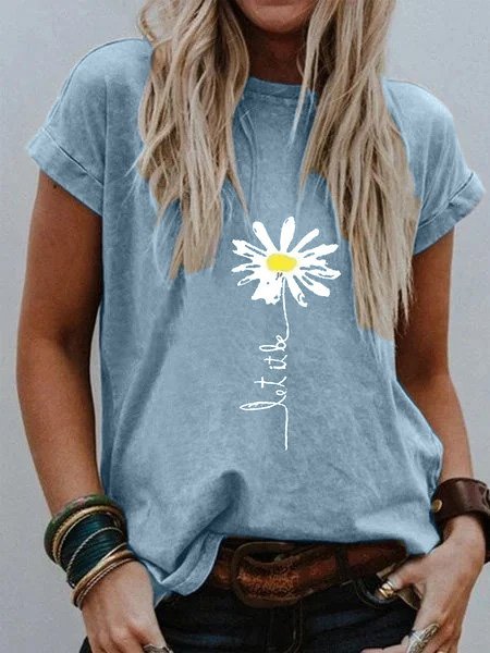 Women Casual Plain Floral-Print Daisy Crew Neck Short Sleeve Summer T-shirt