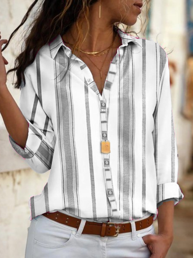 Gray Long Sleeve Shirt Collar Cotton-Blend Shirts & Tops