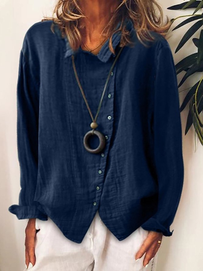 Women Solid Irregular Single-breasted Button Cotton Long Sleeve Linen Blouse
