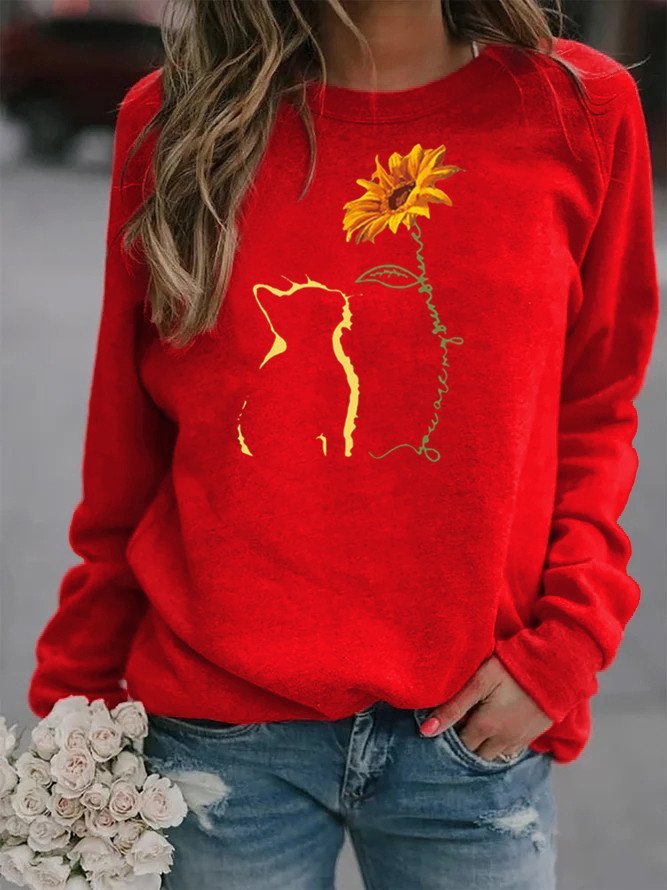 Cat Sunflower Casual Cotton-Blend Printed Long Sleeve Sweatshirts