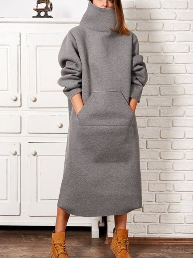 Gray Casual Shift Plain Turtleneck Hoodie Dress