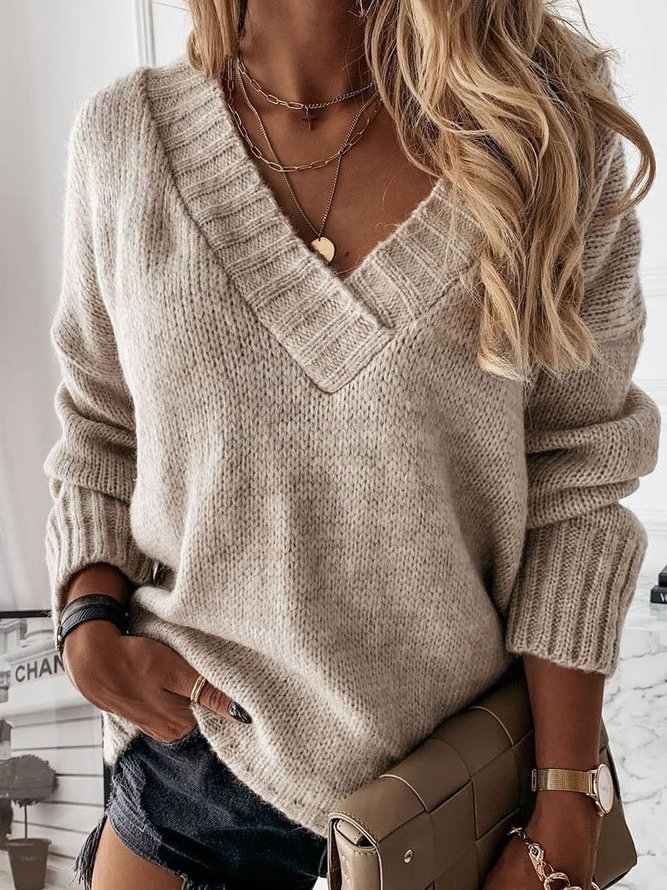 Khaki Shift Casual V Neck Plain Sweater