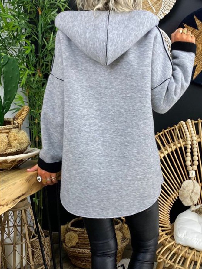 Gray Hoodie Plain Long Sleeve Knit coat