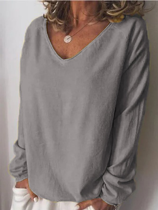 Women Cotton-Blend Long Sleeve V Neck Top