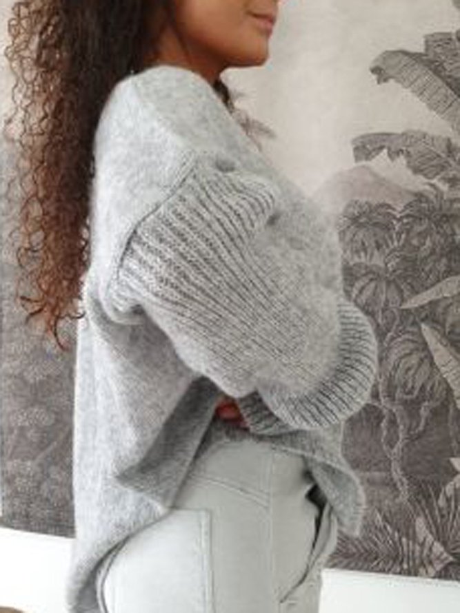 Gray Casual Loose V Neck  Solid Color  Long Sleeve Sweater