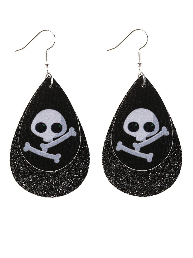 Halloween Double PU Leather Earrings Skull Sequins Drop Shaped Earrings