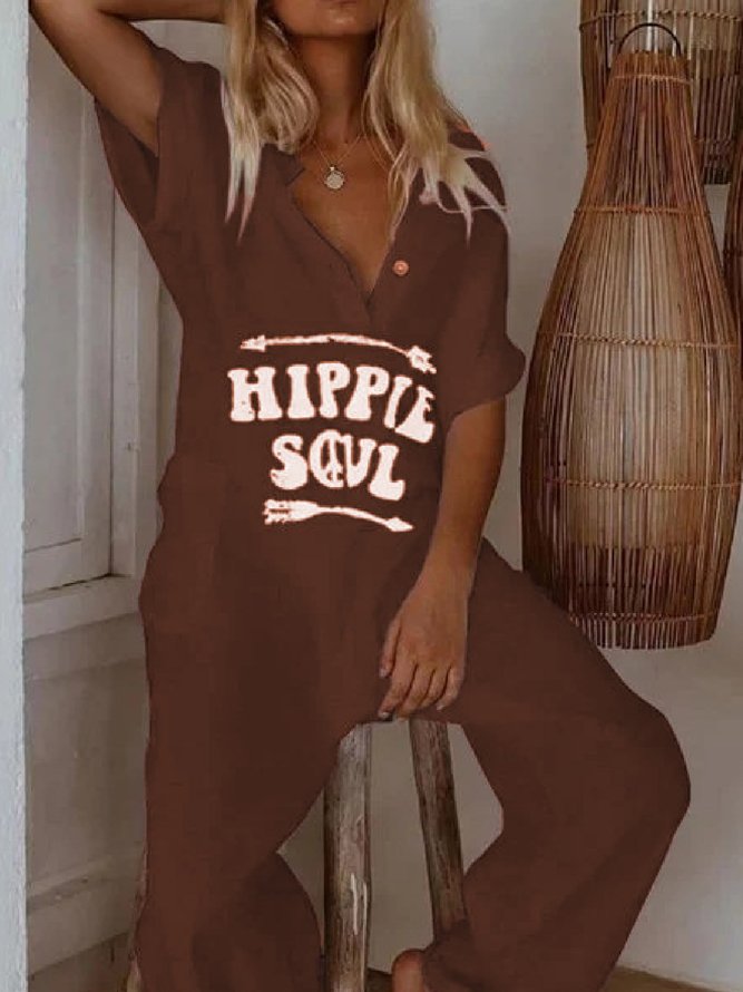 Casual Short Sleeve Printed Pockets Jumpsuits