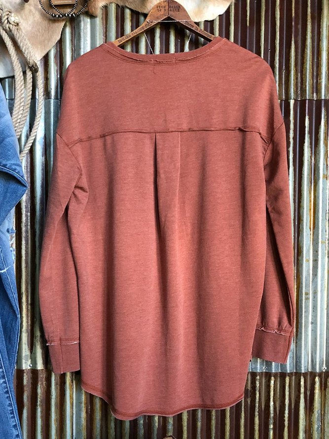 Brick Red Casual Plain Long Sleeve Sweatshirt