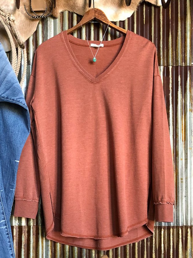 Brick Red Casual Plain Long Sleeve Sweatshirt
