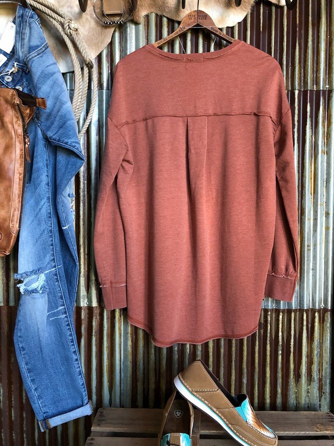 Brick Red Casual Plain Long Sleeve Sweatshirt
