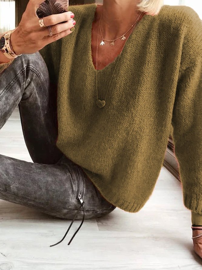 Casual V Neck Plain Sweater