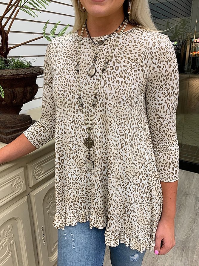 Leopard Print Round Neck Casual Blouse Tops
