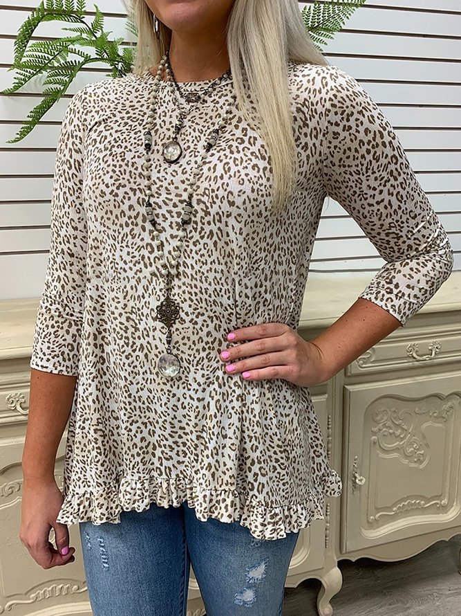 Leopard Print Round Neck Casual Blouse Tops