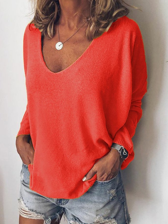 Solid Sweater V Neck Knitted Top