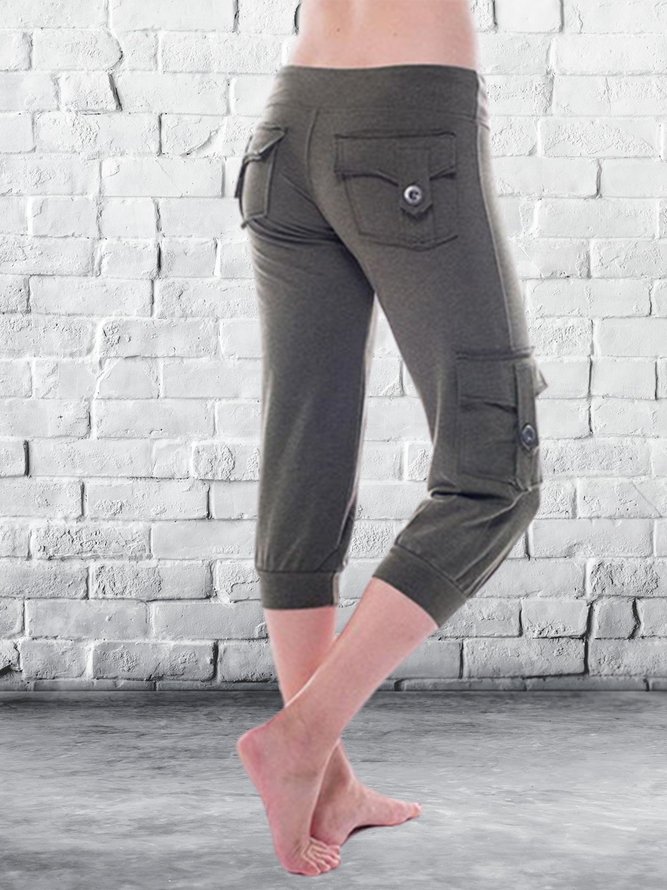 Stretch Waist Button Pocket Yoga Cropped Pants Fitness Pants