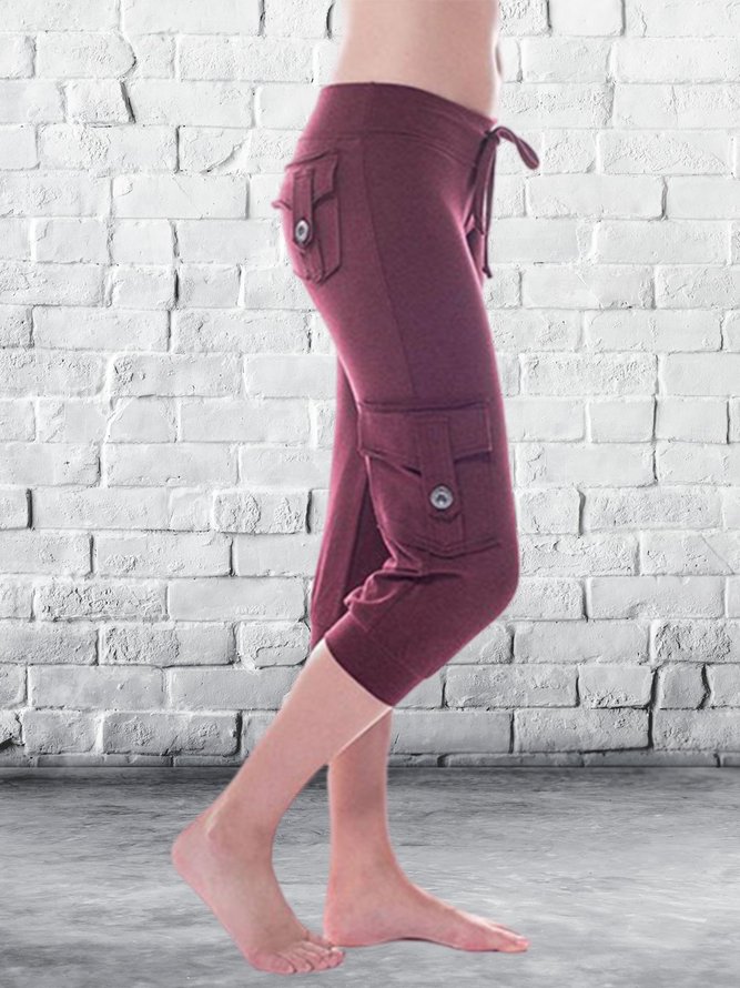 Stretch Waist Button Pocket Yoga Cropped Pants Fitness Pants