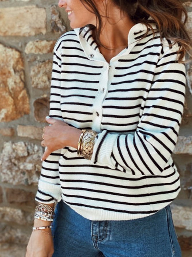 White-Black Striped Casual Sweatshirts