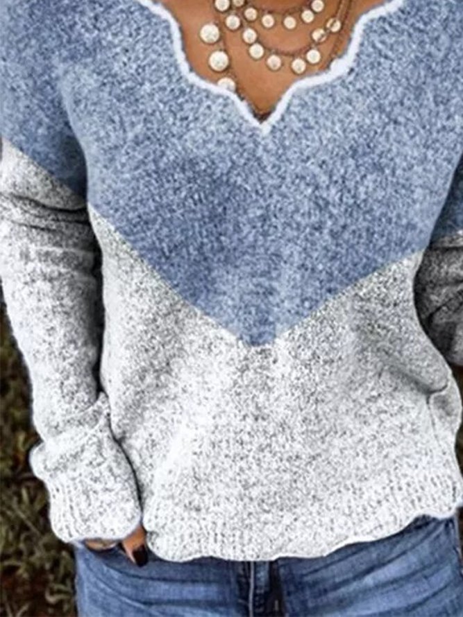V-Neckline Color Block Casual Loose Regular Shift Sweater