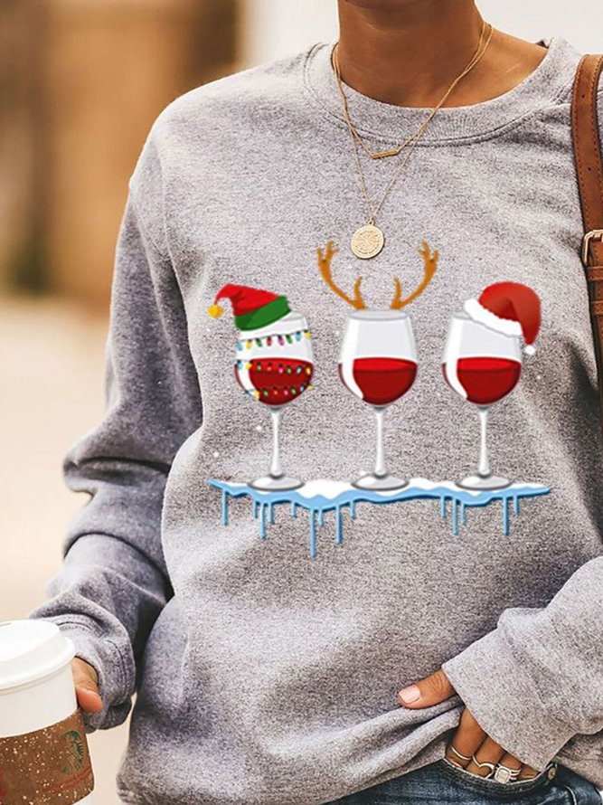 Wine Glass Christmas Hat Print Long Sleeve Sweatshirts