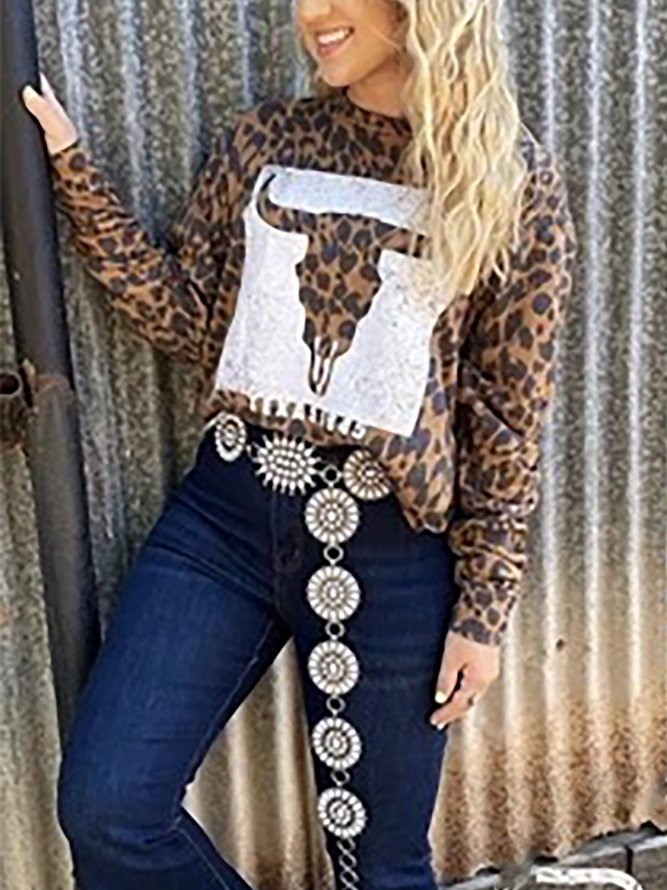 Leopard Casual Shift Animal Crew Neck Top