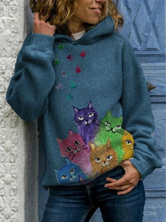 Cotton-Blend Long Sleeve Cat Printed Sweatshirt