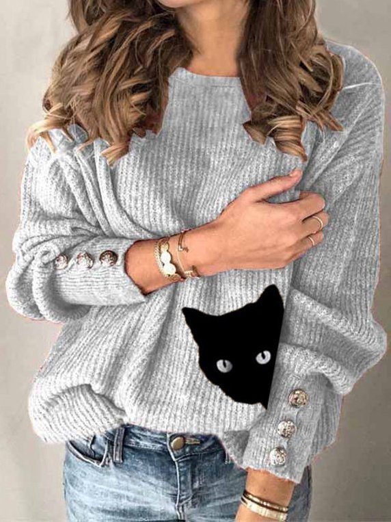 Cat Printed Vintage Striped Sweater