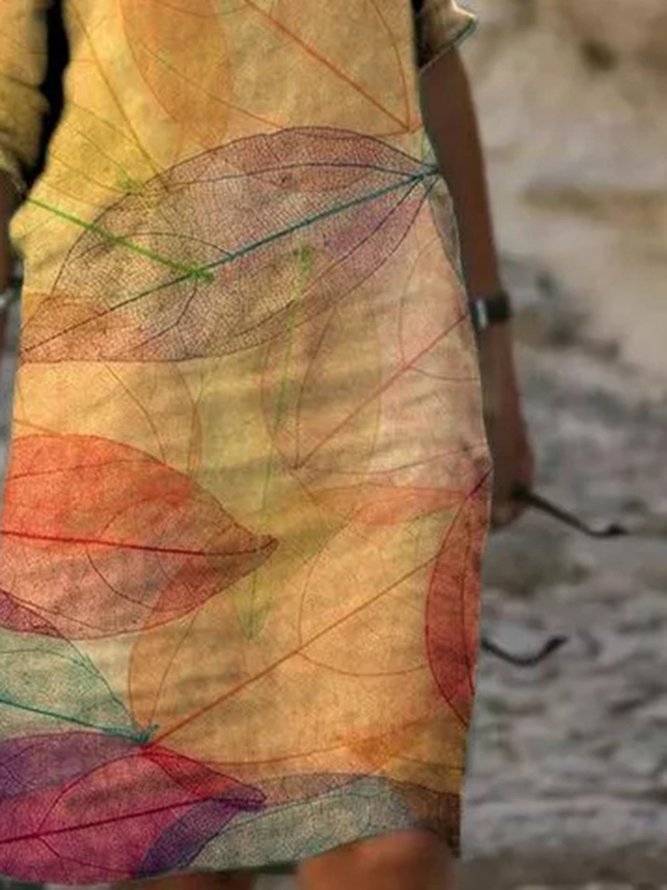 Women's Leaves Print Casual V Neck  Dress