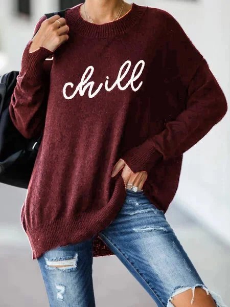 Women Long Sleeve Black Casual Printed Knitted Sweater